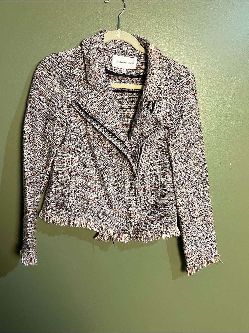 cupcakes & cashmere Multicolor Tweed Fringe Moto Jacket